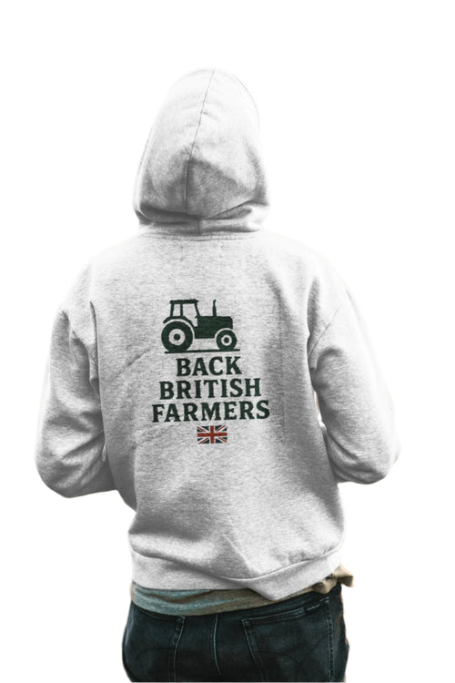 Back British Farmers Grey Hoodie with Tractor & Flag