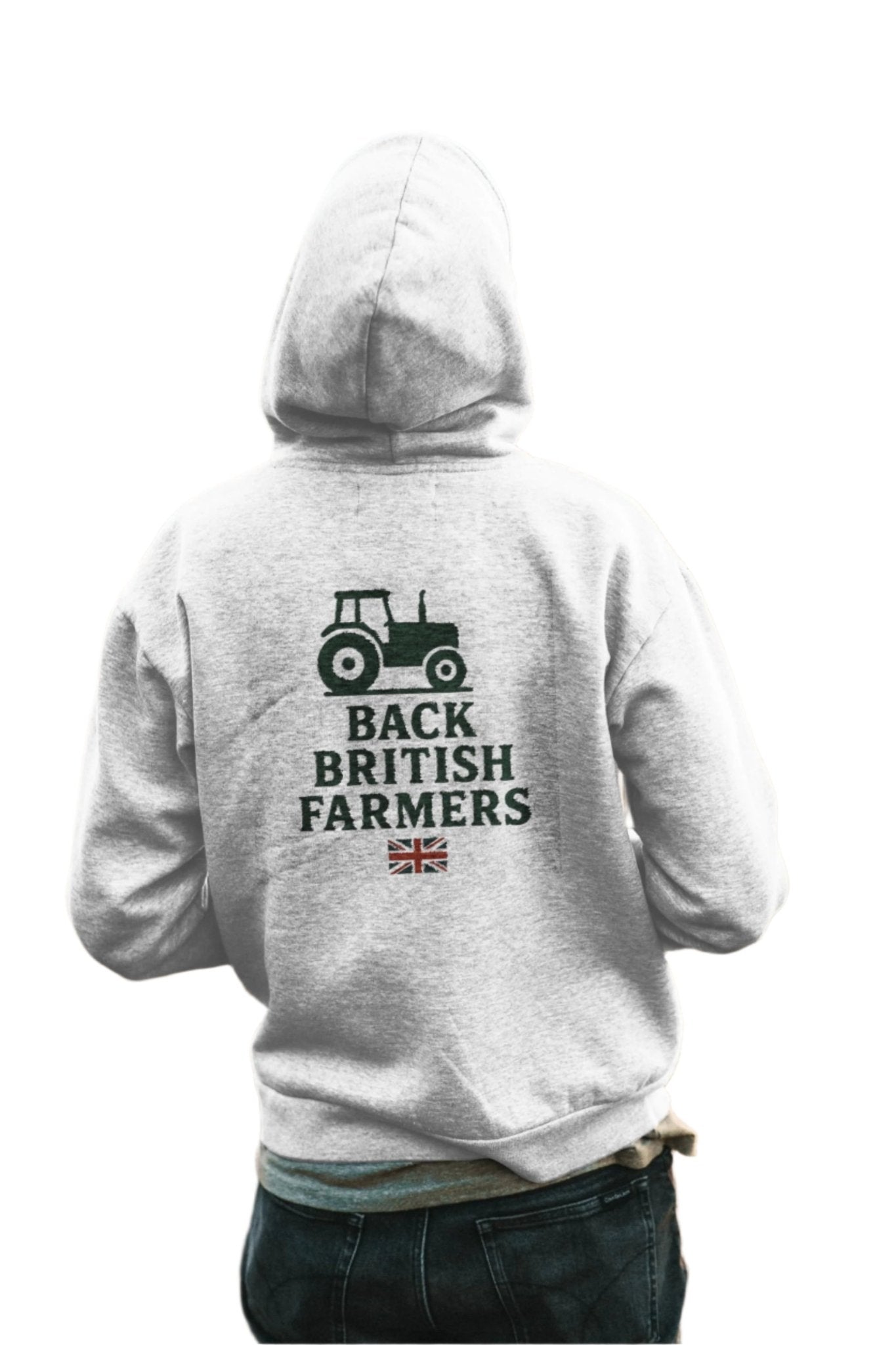 Back British Farmers Grey Hoodie with Tractor & Flag